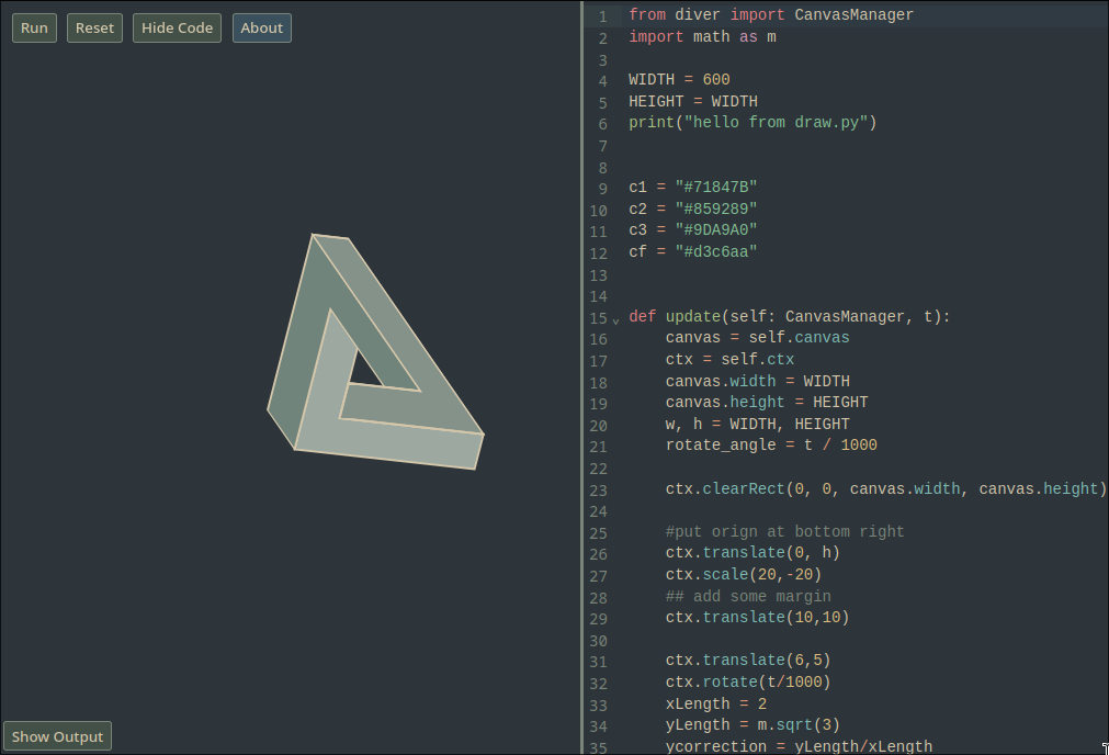 Penrose triangle displayed side by side with python code editor
